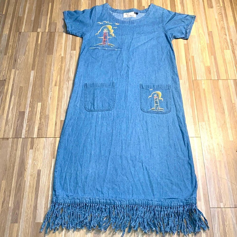 Vintage 90’s faded blue denim long jumper dress with lighthouse embroidered